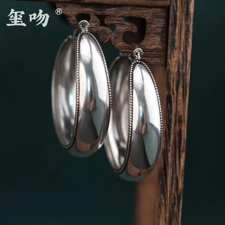 925银耳饰 【玺吻】s925银纯手工复古素款光面欧美风经典新款大耳圈