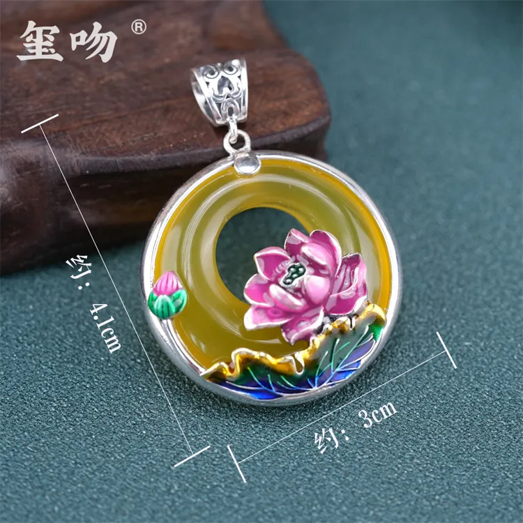 【玺吻】s925银 天然黄玛瑙镶嵌 中国风设计款荷塘月色吊坠