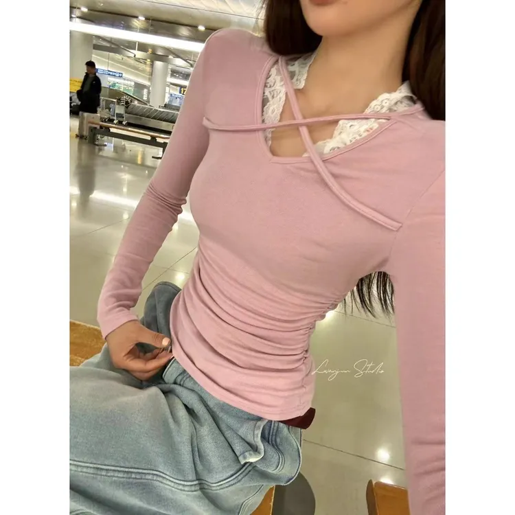 【婉君】秋冬新款打底交叉修身长袖T恤上衣LWJ23C3T1039