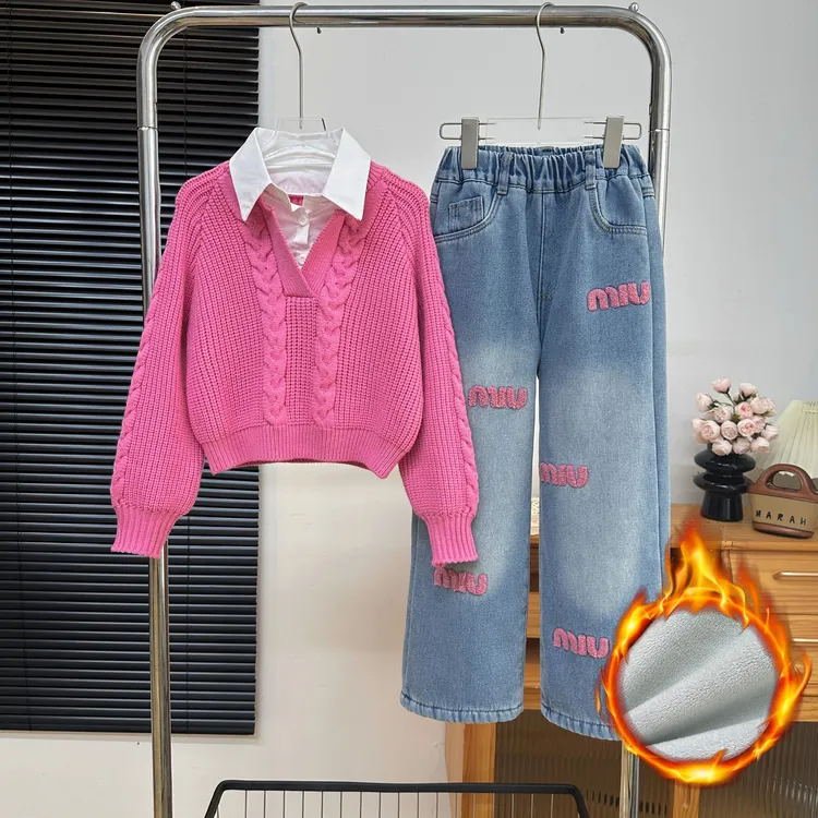 女童套装2025春秋新款中大童3-12岁15岁针织毛衣牛仔阔腿裤两件套