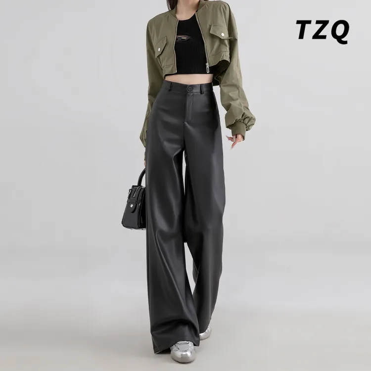 黑色皮裤女新款高腰垂感直筒裤高级感宽松阔腿裤子牛仔裤TZQ82947
