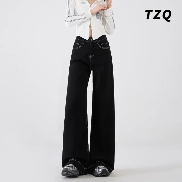 美式黑色宽松直筒牛仔裤女2025夏季新款高腰拖地阔腿裤TZQ100974