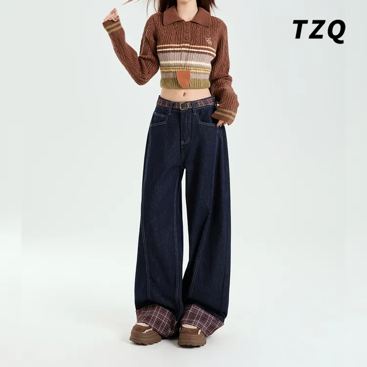 秋冬新款薄绒时尚牛仔裤女装高腰显瘦格子元素阔腿裤TZQ111006