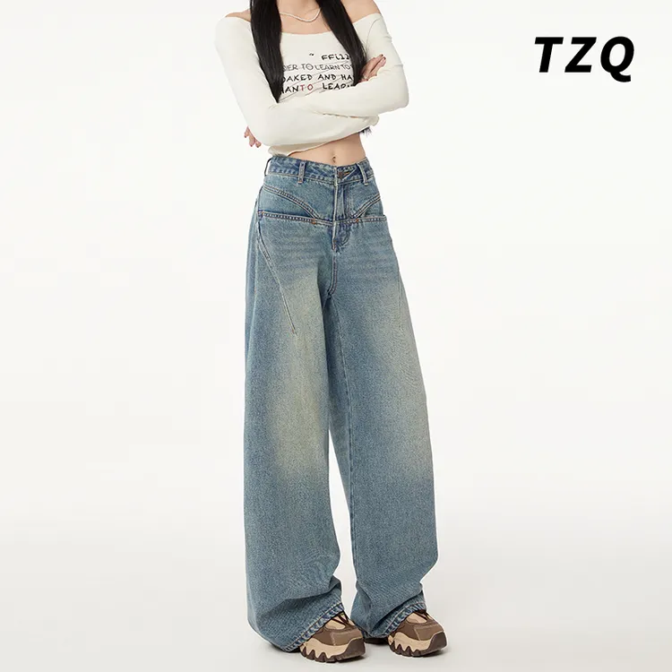 2025秋冬新款宽松弯刀牛仔裤女美式复古水洗阔腿长裤子TZQ121063