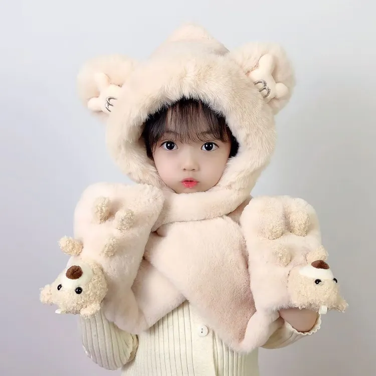 儿童帽子围巾手套一体冬季女童加绒加厚保暖防风毛绒帽宝宝冬天帽
