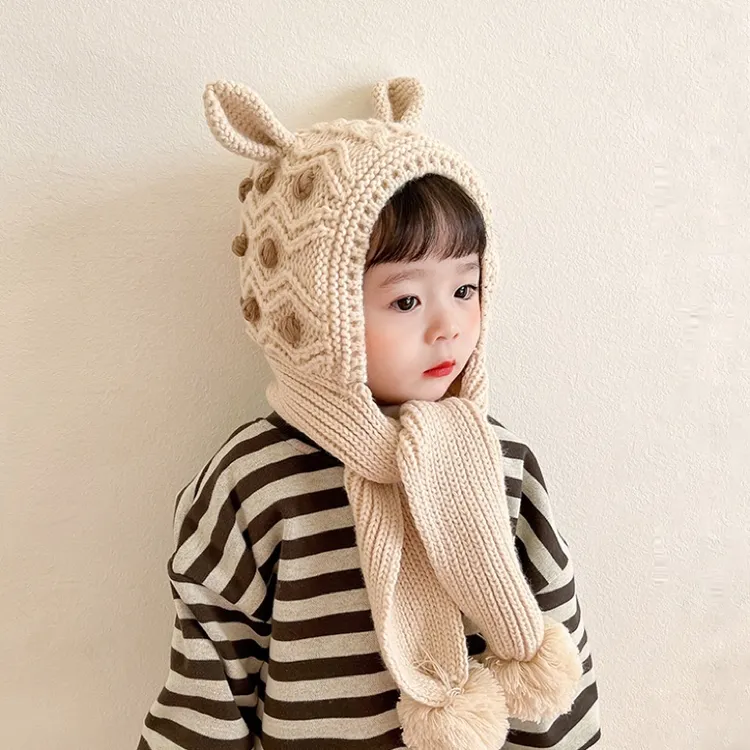 韩版儿童帽子围巾一体帽秋冬季加绒宝宝护耳帽保暖冬天女童毛线帽