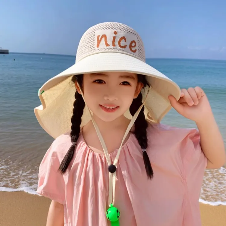 儿童防晒帽夏季遮阳帽女童防紫外线大檐披肩帽子男孩宝宝渔夫帽潮