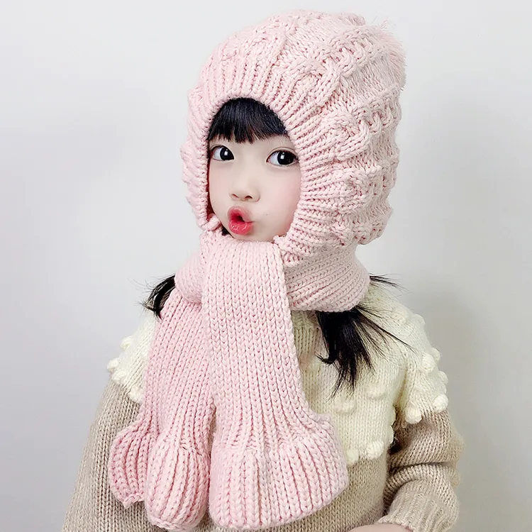 韩版可爱超萌女童毛线帽冬加绒儿童帽子围巾一体帽秋冬宝宝帽子厚