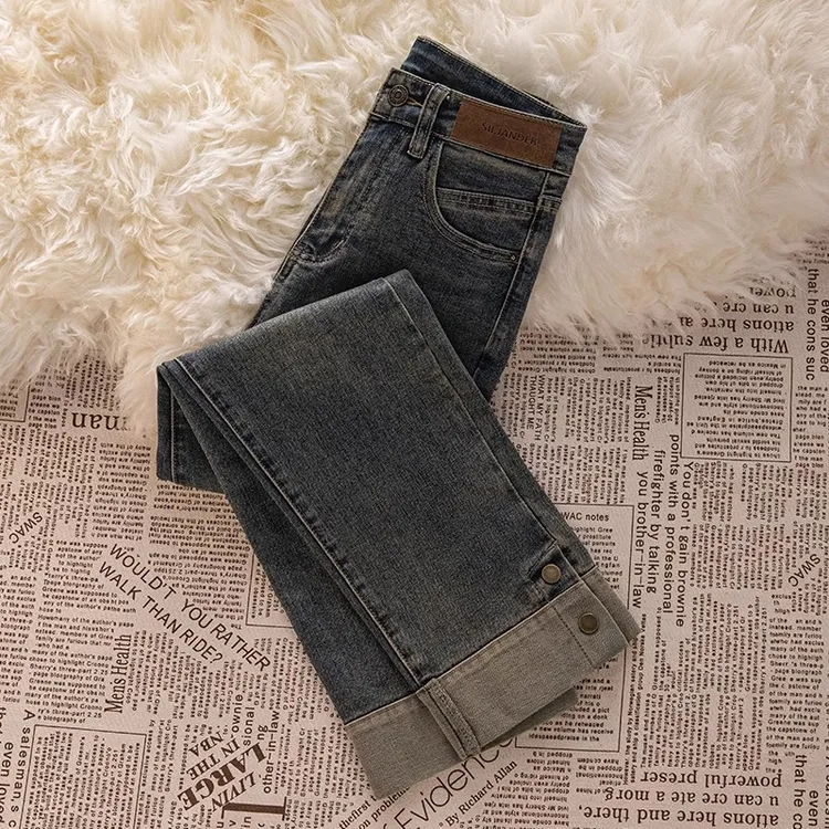 复古烟管牛仔裤女秋季2025新款加绒加厚高腰窄版小个子九分直筒裤