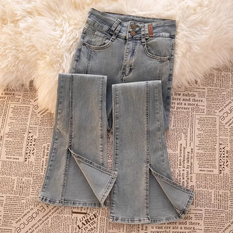 浅色开叉微喇牛仔裤女2025秋季新款加绒洋气高腰显瘦修身喇叭裤女