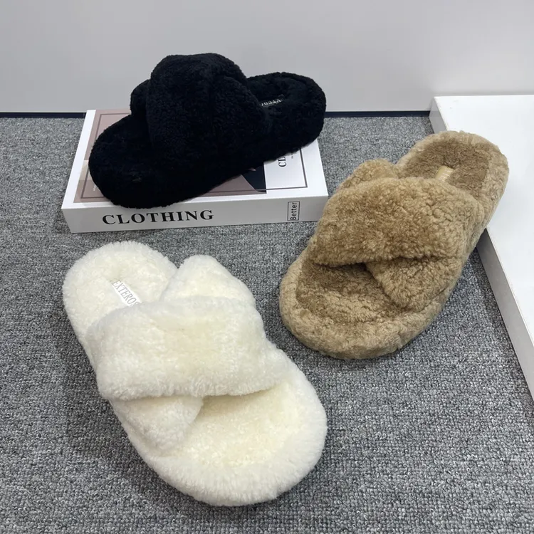 真皮羊羔毛厚底拖鞋女2025秋冬老钱风新款交叉带毛毛拖鞋女外穿