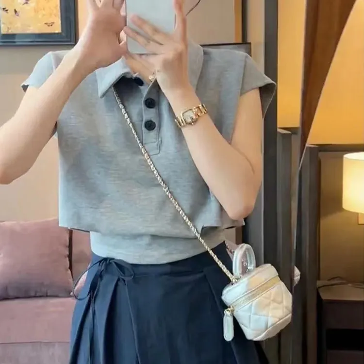 韩版复古Polo领灰色短袖t恤女2025夏显瘦时尚纯色百搭减龄休闲