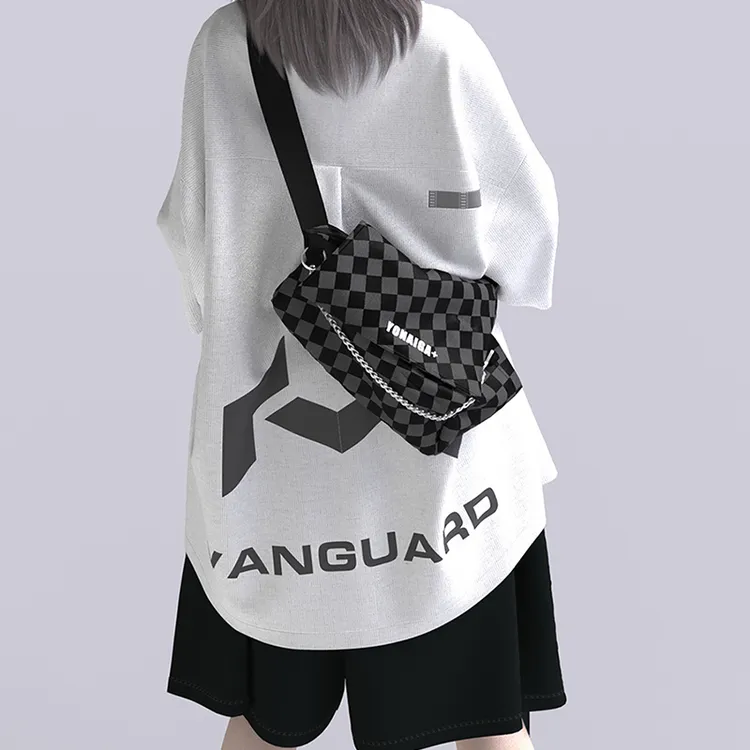 YONAIGA爆款ins风日系潮牌机能百搭链条棋盘格胸包男单肩斜挎包女