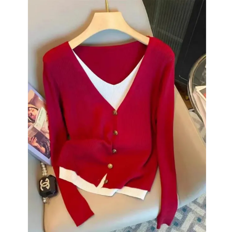 假两件v领针织衫2025春秋季新款修身显瘦内搭毛衣短款上衣W001