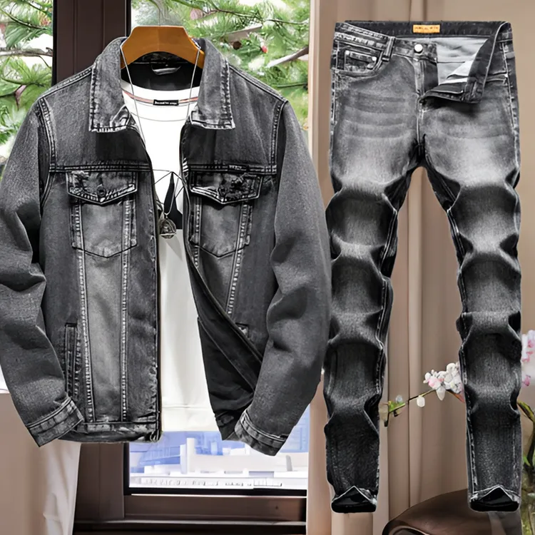 老爷车男士高档牛仔套装秋冬厚款新款复古烟灰色修身套装时尚休闲