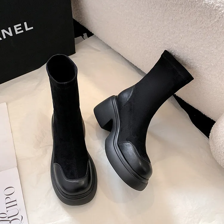 【诺一家加宽加肥大码女鞋】超模瘦瘦靴厚底马丁靴绒面弹力袜子靴女