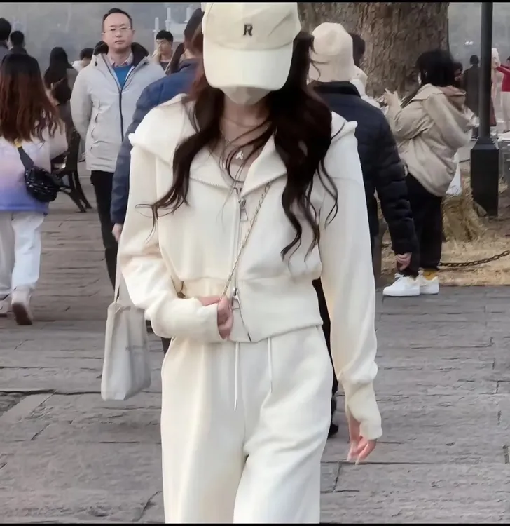 春季网红新款女韩版百搭运动双拉链外套抽绳松紧腰阔腿休闲裤套装