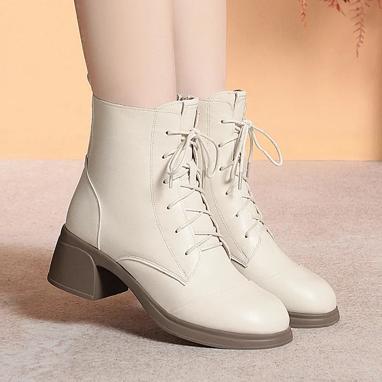 软底白色系带粗跟马丁靴工作鞋正装鞋加绒保暖短靴舒适女靴子皮鞋