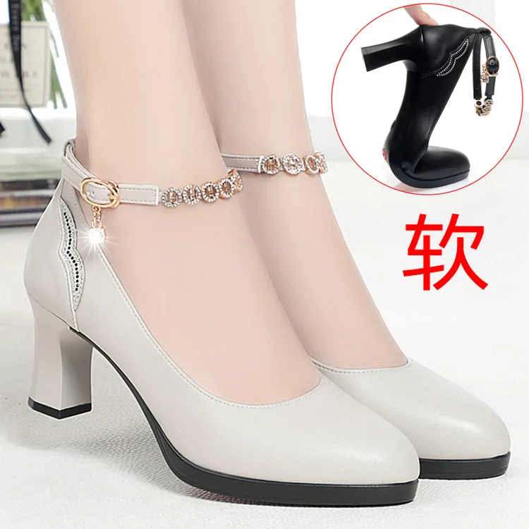 软底舒适高跟一字扣带旗袍鞋跳舞鞋白色中老年妈妈鞋单鞋女鞋皮鞋