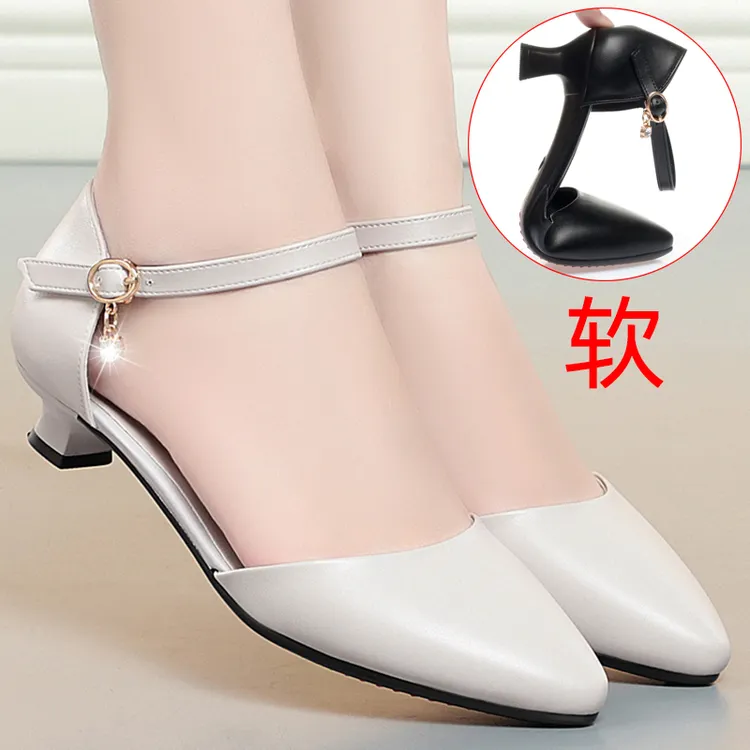 软底小跟白色中空包头凉鞋工作鞋女黑色工装职业女士皮鞋单鞋女鞋