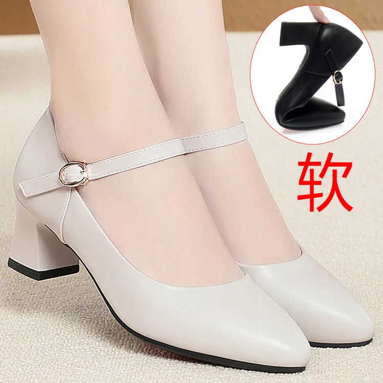 软底粗跟工作鞋女黑色工装皮鞋一字扣带舒适跳舞单鞋女鞋春秋季