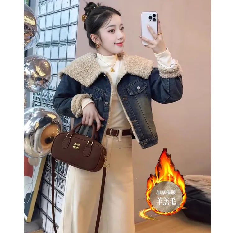 小个子毛领拼接牛仔外套女秋冬季加绒加厚保暖短款羊羔绒夹克上衣