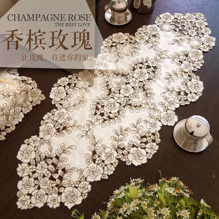 桌旗桌垫餐桌布茶几垫盖巾田园布艺刺绣绣花北欧美式中式香槟玫瑰
