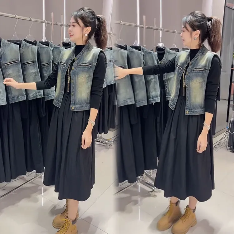 牛仔马甲连衣裙2025时尚套装女新款宽松大码韩版气质显瘦两件套潮