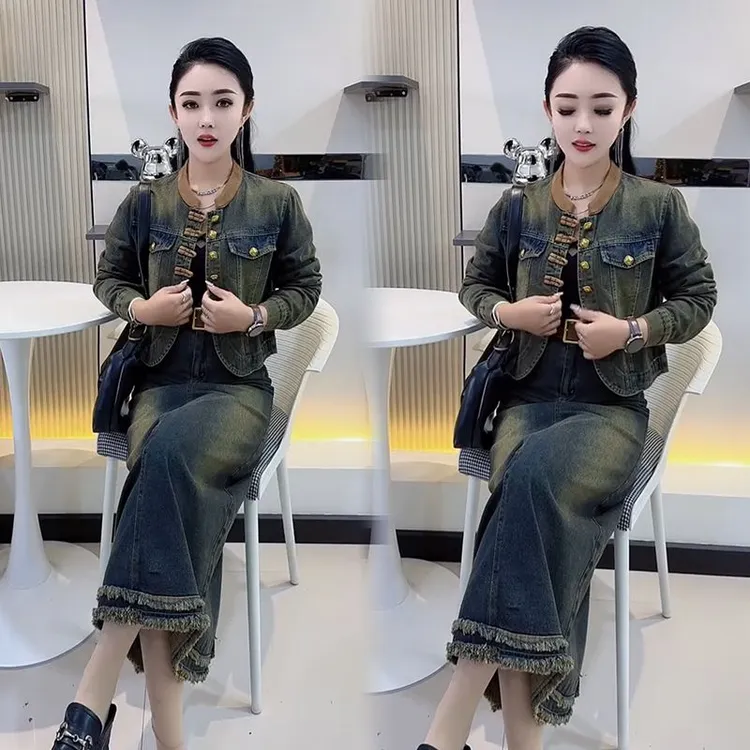 时尚牛仔套装女2025短外套洋气新款复古两件套宽松大码网红半身裙