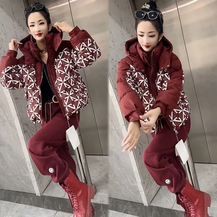 2024秋冬季加绒加厚棉服套装女宽松大码气质显瘦网红简约两件套潮