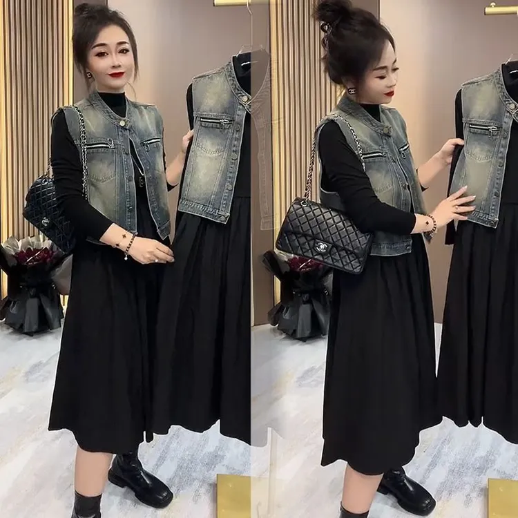时尚牛仔马甲连衣裙套装女宽松大码2025春季新款气质显瘦两件套潮