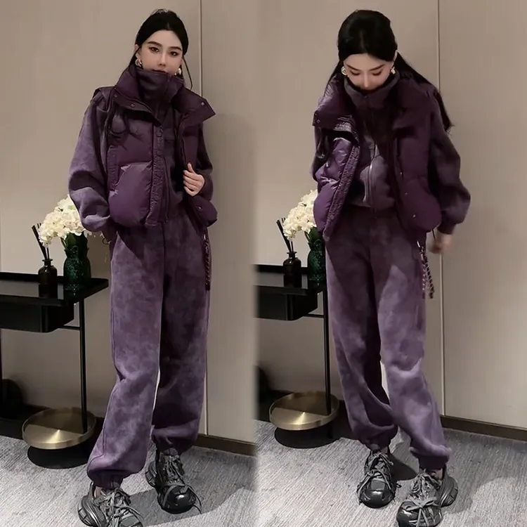 2024秋冬季新款加绒时尚加厚休闲卫衣套装女宽松大码马甲三件套潮