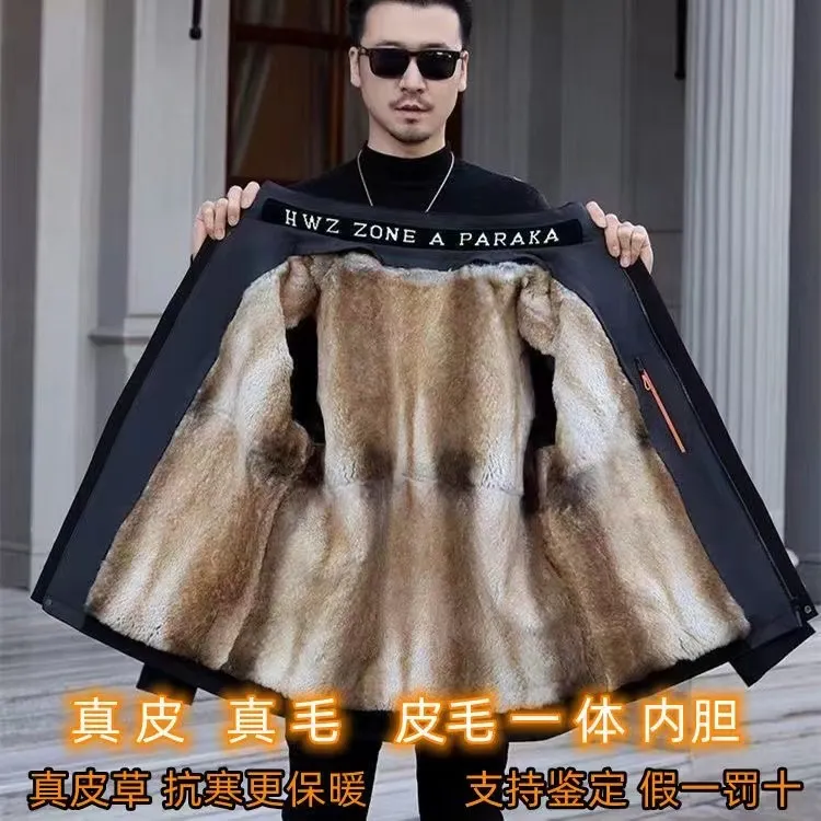 冬季新款男士商务休闲兔毛皮内胆可拆卸内胆加厚外套可脱卸帽