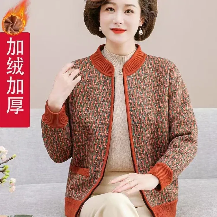 中年妈妈装春装外套针织开衫加绒加厚保暖50岁高贵上档次时尚洋气