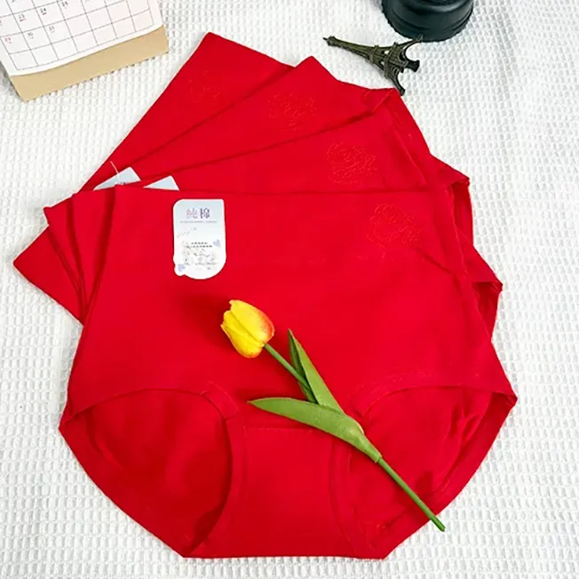 【4条装大红】高腰女士内裤舒适透气纯色三角裤高弹亲肤收腹内裤