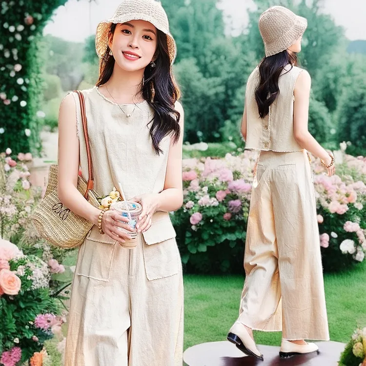 2024夏装棉麻套装新款上衣直筒休闲阔腿裤气质两件套夏季显瘦文艺