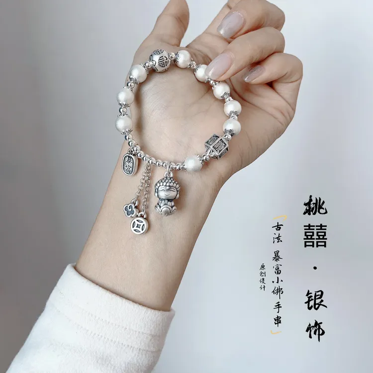足银手镯 足银999原创设计古法小佛暴富手串古风个性民族风手饰