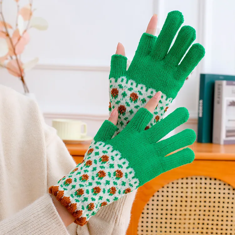 保暖手套女冬韩版露二指触屏学生写字成人办公加厚毛线针织防寒男