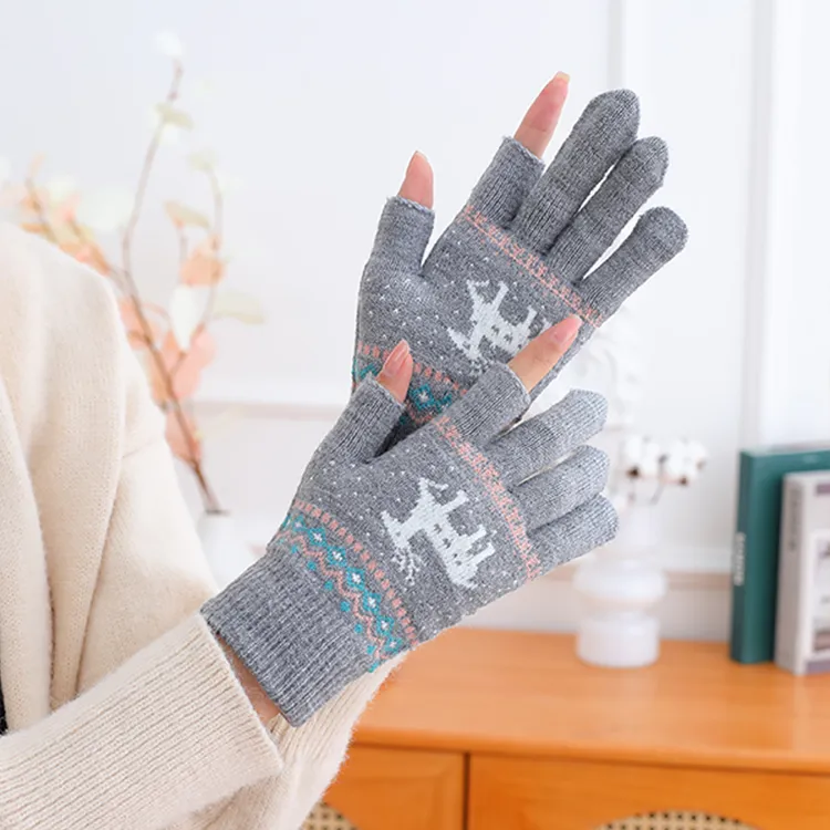 冬季露二指手套女触屏毛线针织保暖可爱韩版学生写字成人开车防寒