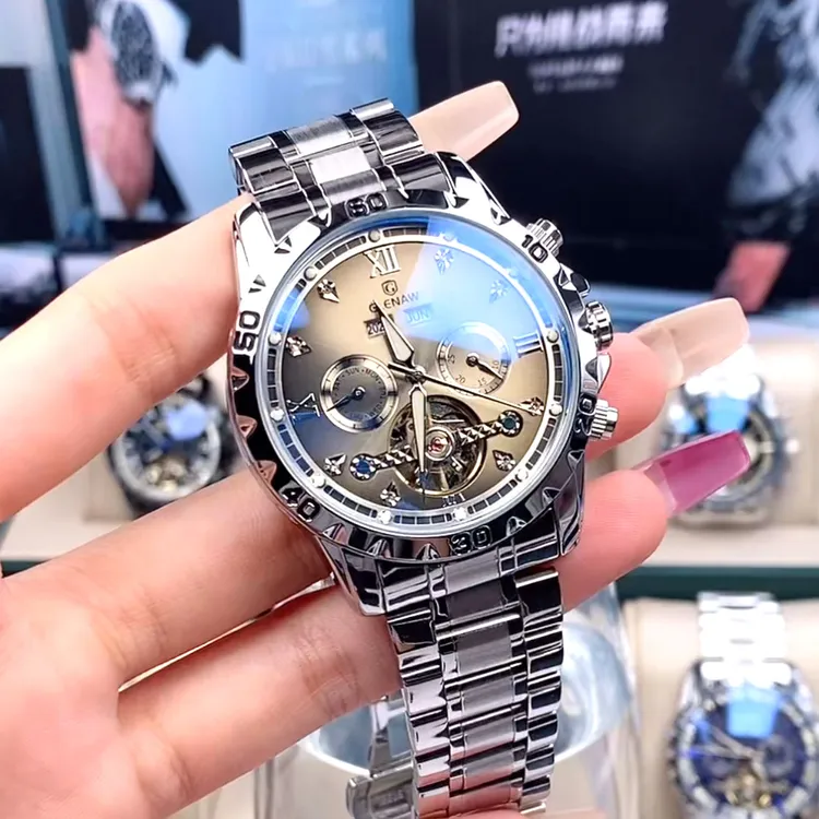 新款莫兰迪灰男士防水镂空大表盘日历全自动机械表万年历奢华8993