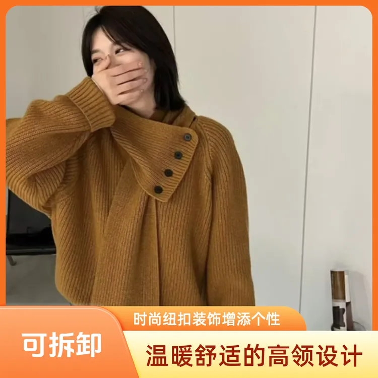 【阿陈专属】设计款可拆卸带披肩围脖V领显瘦宽松软糯针织毛衣厚