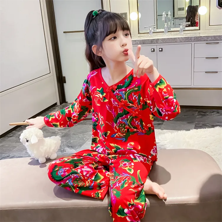 东北大花睡衣儿童长袖套装女童国风睡衣家居服大童夏季绵绸空调服
