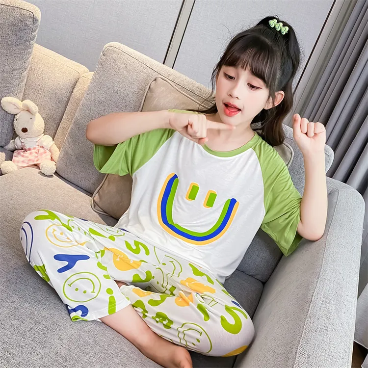 女童莫代尔睡衣2024新款儿童薄款短袖长裤套装中大童冰丝家居服
