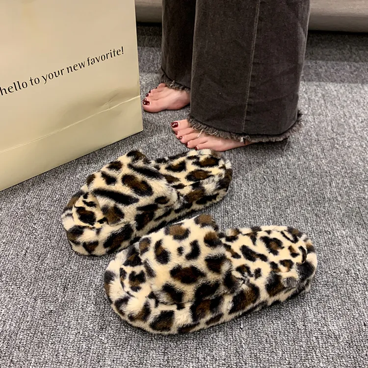 辣妹豹纹厚底增高棉拖鞋女冬季外穿新款家居保暖绒毛毛拖鞋