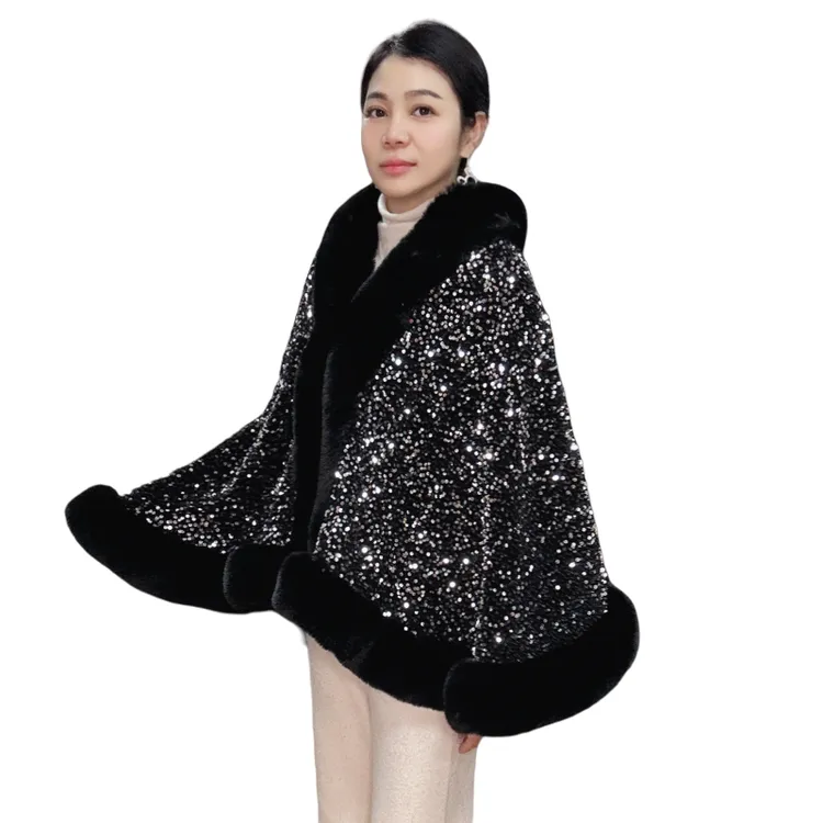 2025秋冬新款加绒披肩时尚亮片斗毛设计师毛拼接短外披显瘦气质MM