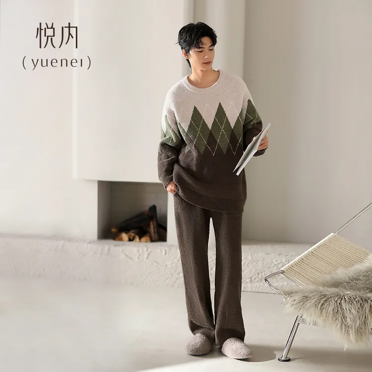 悦内半边绒睡衣男士秋冬季冬款珊瑚绒家居服男款套头可外穿厚套装