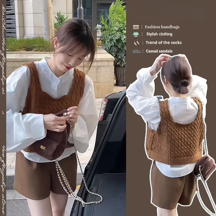早秋时尚穿搭2024新款韩系宽松减龄衬衫针织马甲高腰百搭阔腿短裤