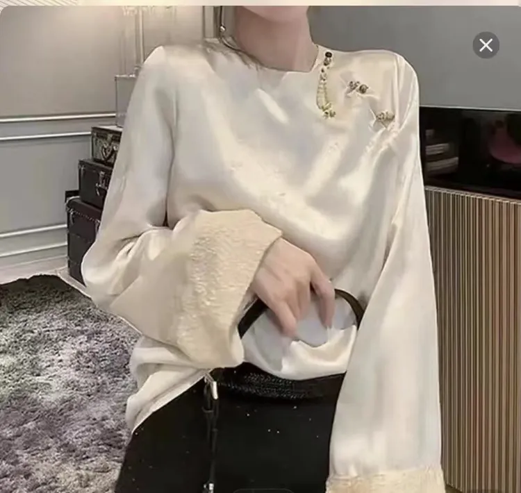 亮片袖子撞色小梅花提花国风上衣2024新中式圆领高端气质衬衣春季