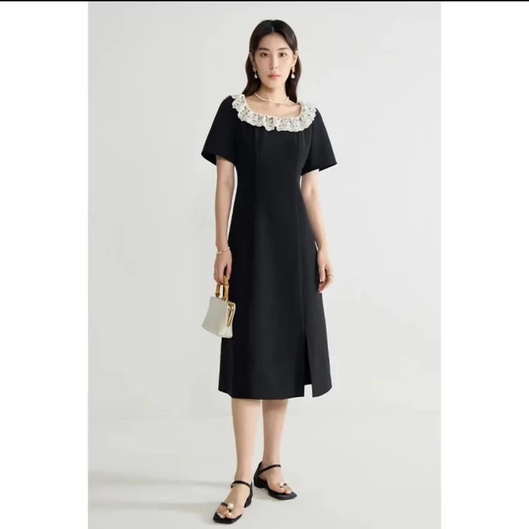 高端法式高级感气质方领连衣裙女夏季新款蕾丝花边收腰显瘦长裙