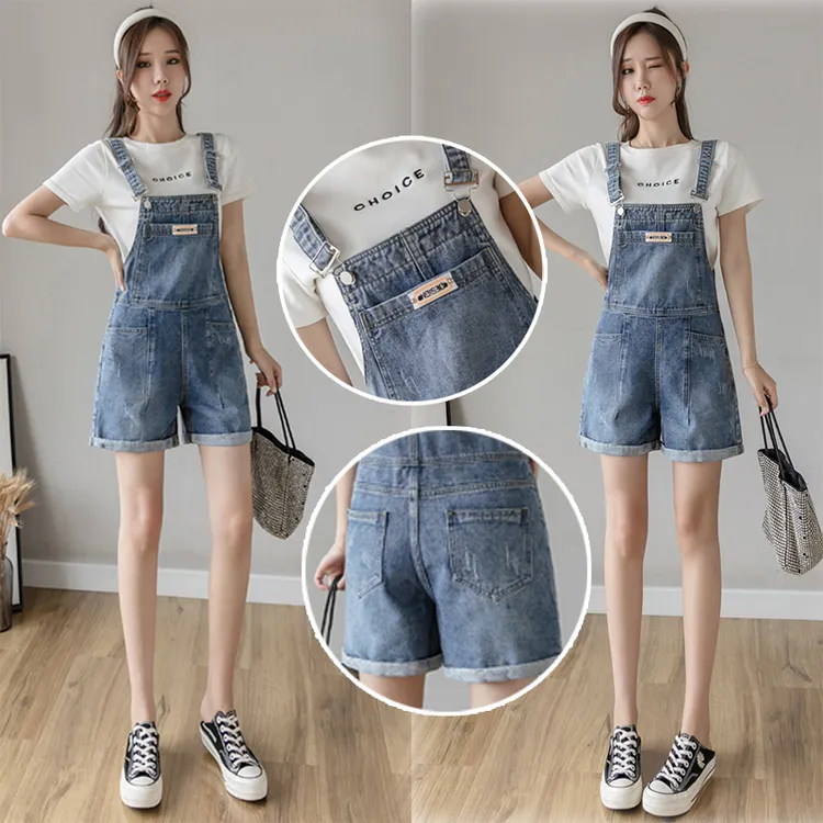 外穿五分背带短裤学生薄款夏季休闲连体裤卷边抓纹五分阔腿短裤女